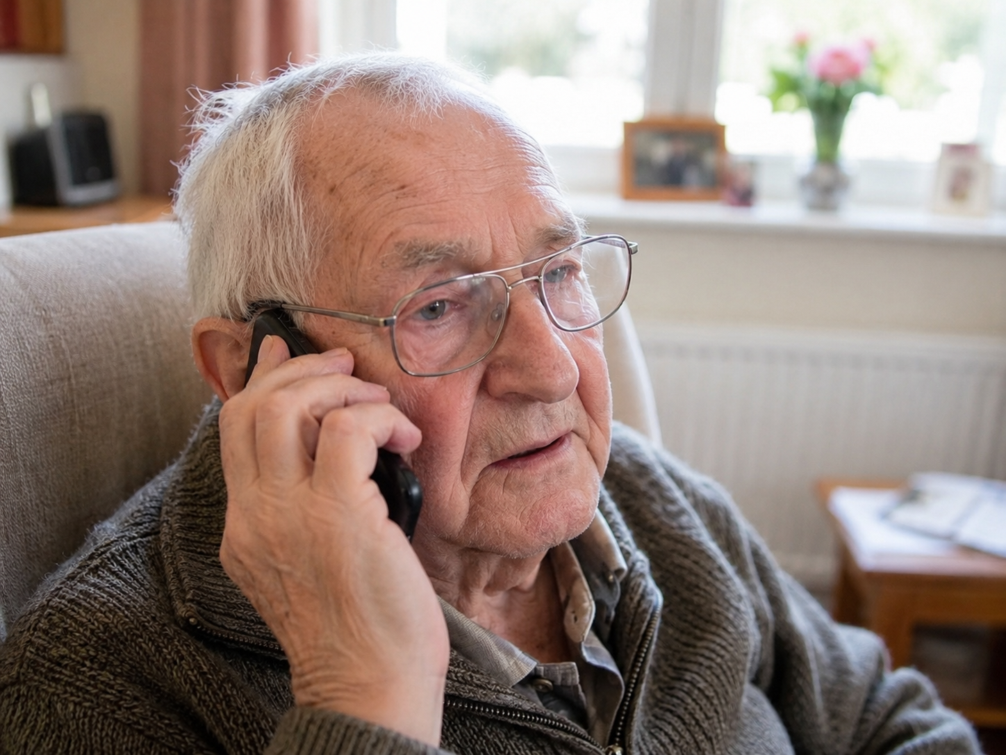 An older man on a phone call at home