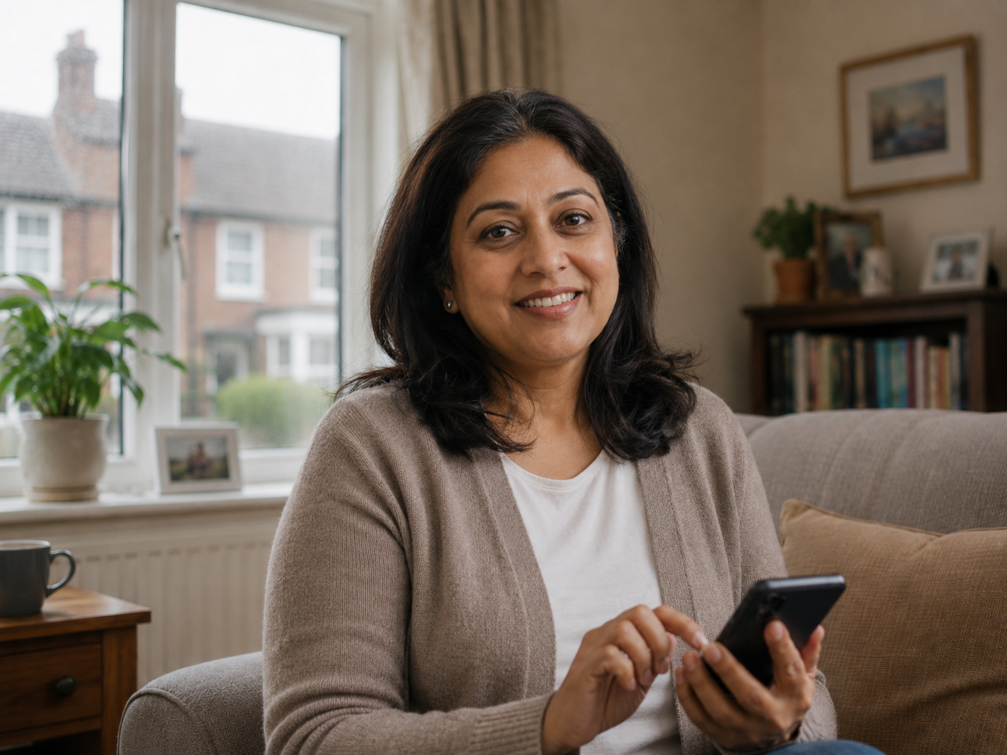 A woman on her phone at home